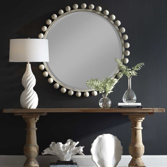 CYRA WOOD ROUND MIRROR, AGED IVORY