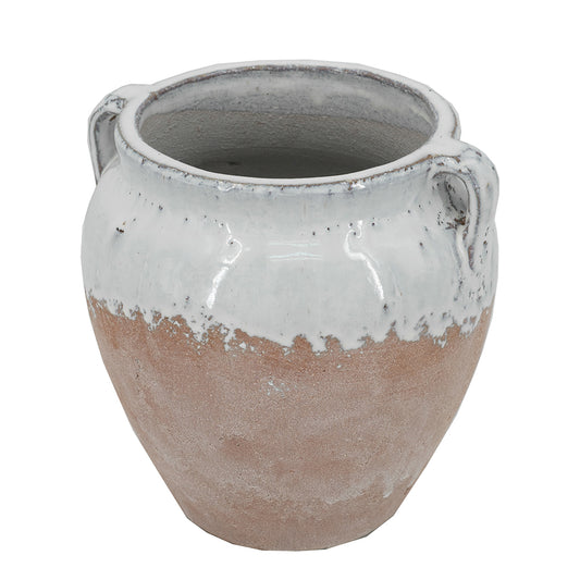 Round Terracotta Vase With Distressed White Tan Finish