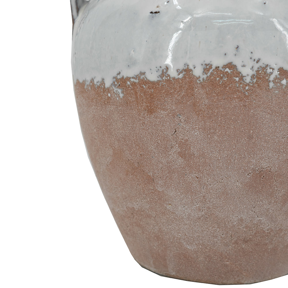 Round Terracotta Vase With Distressed White Tan Finish