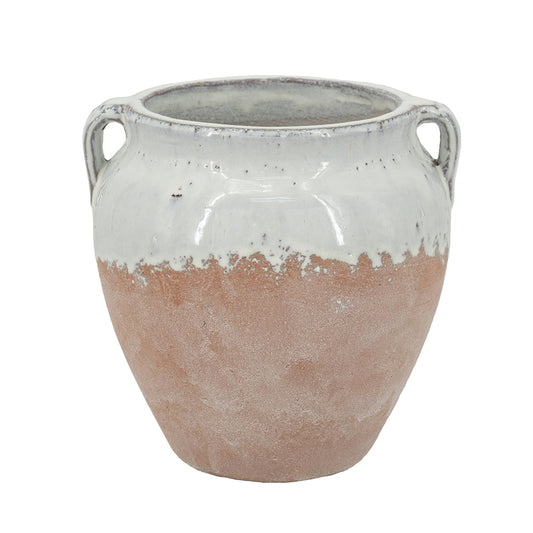 Round Terracotta Vase With Distressed White Tan Finish