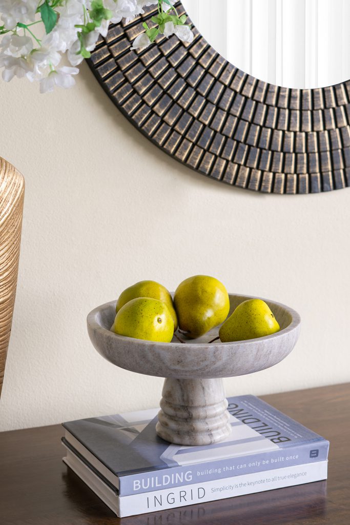 Marble Pedestal Bowl With Natural Gray Finish And Ribbed Base
