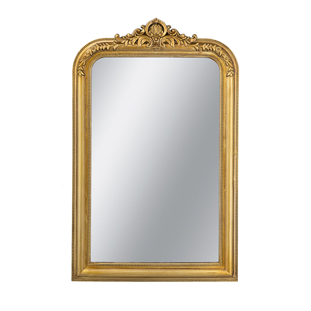 Decorative Arched Wall Mirror With Ornate Gold Crest Design