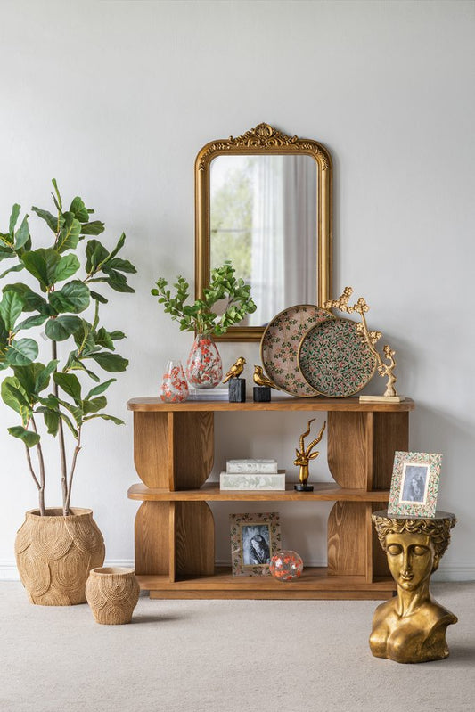 Decorative Arched Wall Mirror With Ornate Gold Crest Design