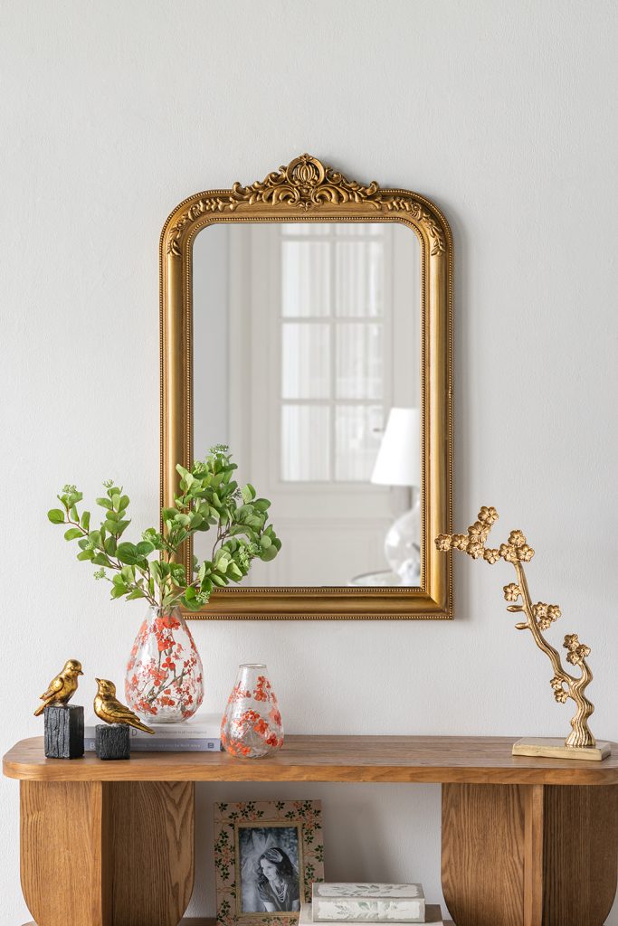 Decorative Arched Wall Mirror With Ornate Gold Crest Design