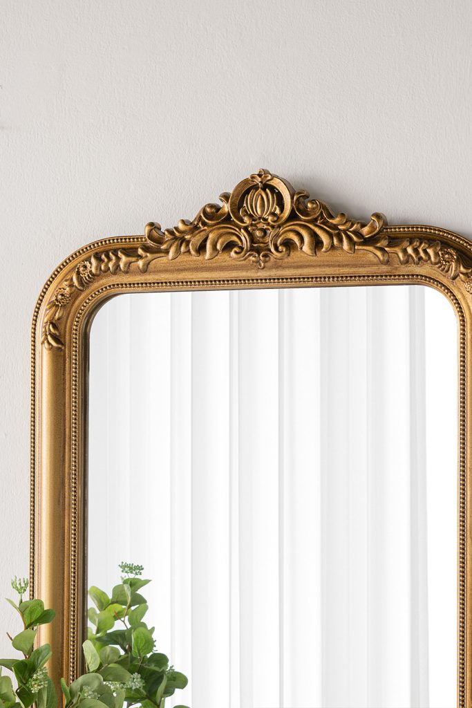 Decorative Arched Wall Mirror With Ornate Gold Crest Design