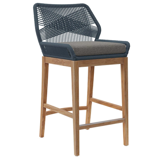 Wellspring Outdoor Patio Teak Wood Bar Stool in Blue Graphite