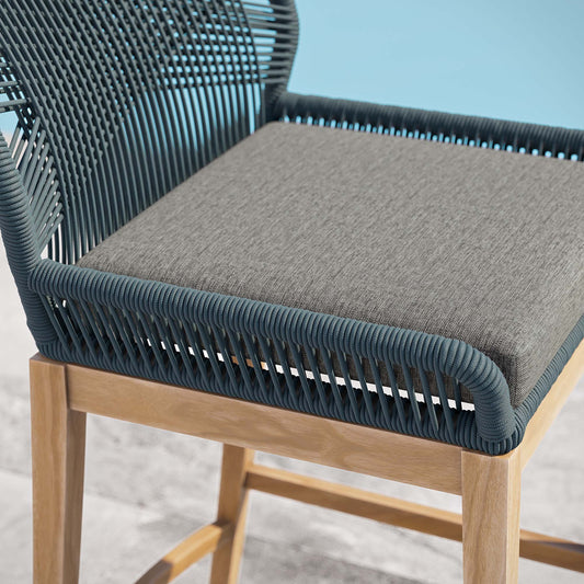 Wellspring Outdoor Patio Teak Wood Bar Stool in Blue Graphite