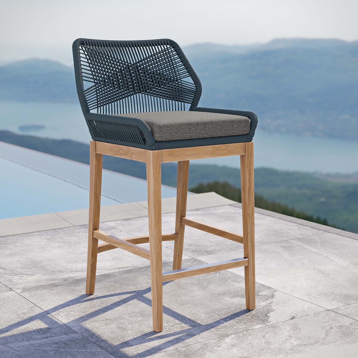 Wellspring Outdoor Patio Teak Wood Bar Stool in Blue Graphite