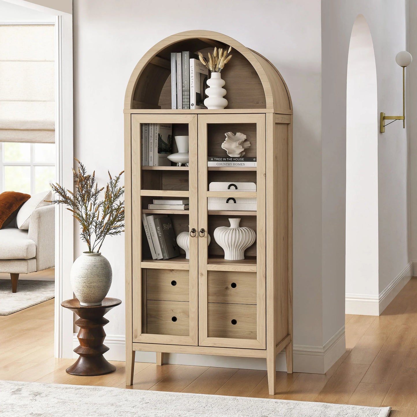 Nolan Tall Arched Storage Display Cabinet in Ivory Oak