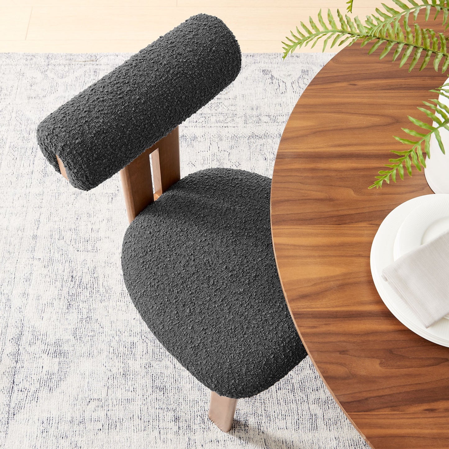 Torian Boucle Fabric Dining Chair Set of 2 in Walnut Charcoal