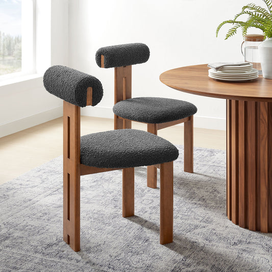 Torian Boucle Fabric Dining Chair Set of 2 in Walnut Charcoal