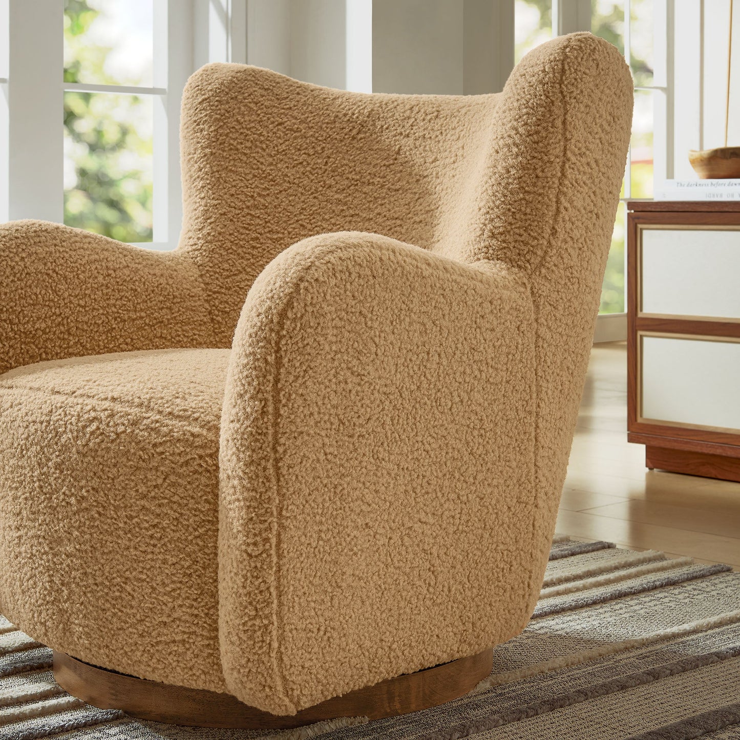 Montrose Wingback Sherpa Swivel Accent Chair in Camel Walnut