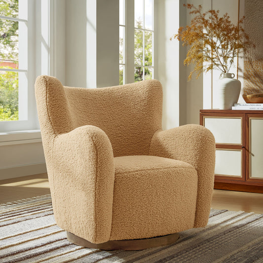 Montrose Wingback Sherpa Swivel Accent Chair in Camel Walnut