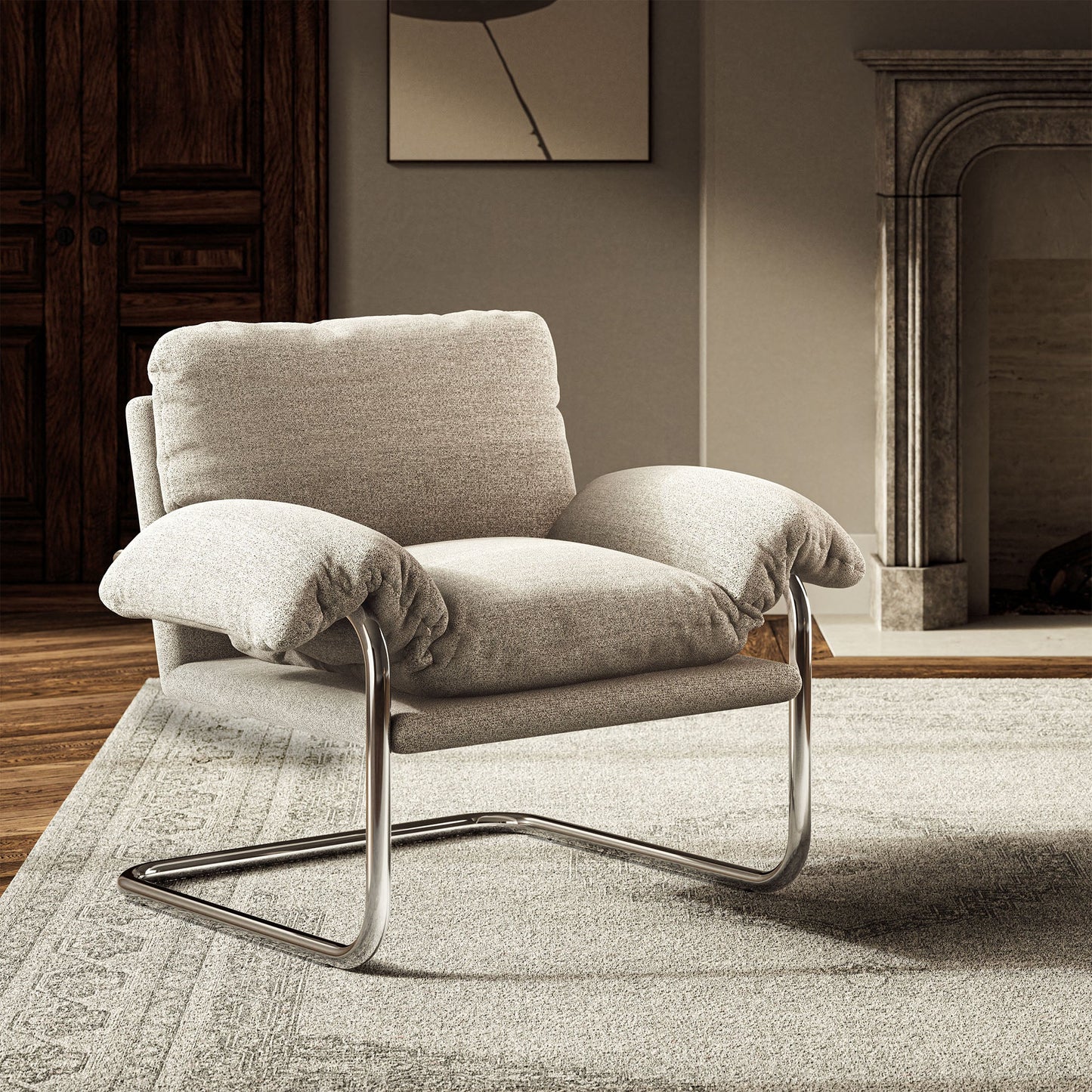 Ansel Boucle Fabric Accent Chair in Newsprint