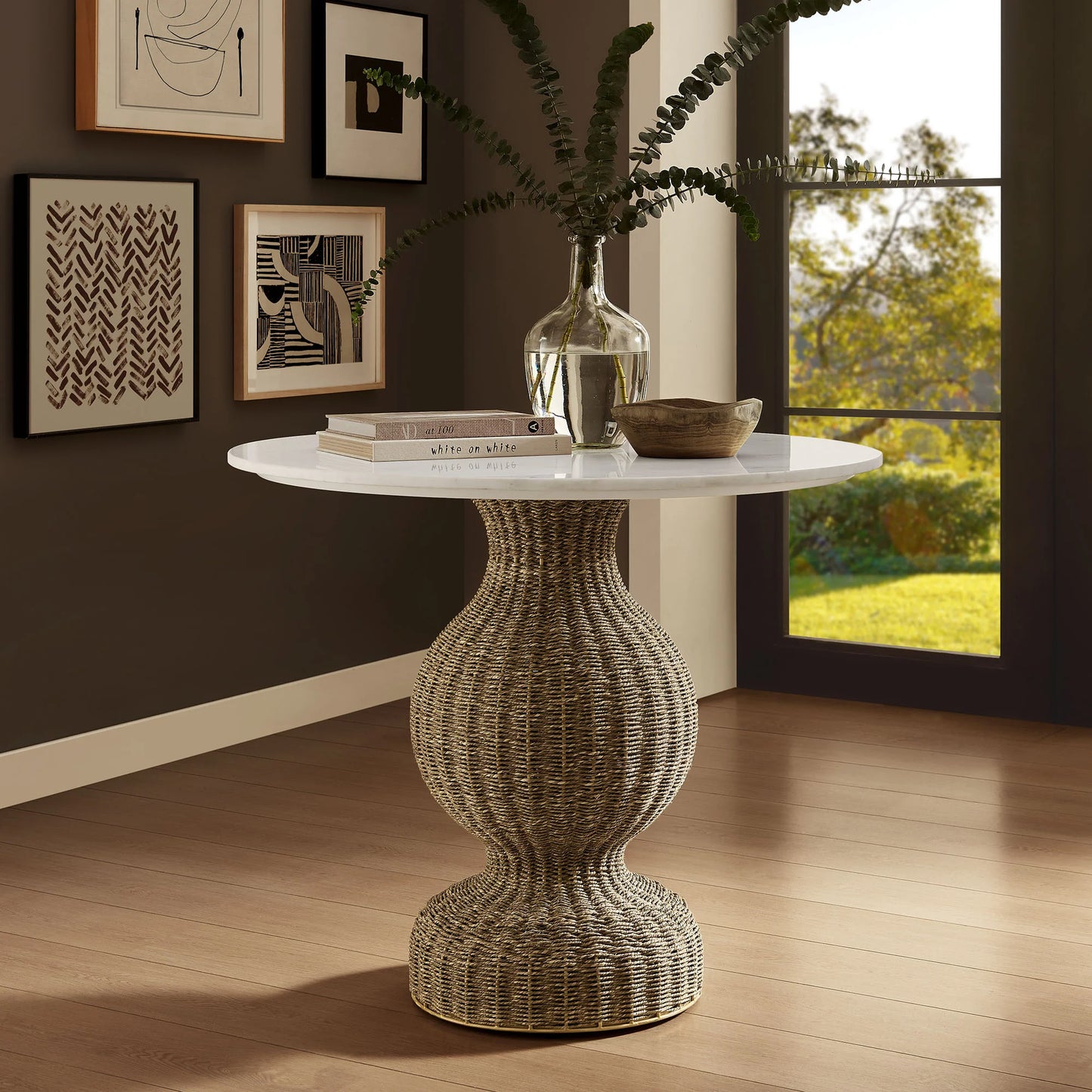 Zale Marble and Seagrass Dining Table in White Natural