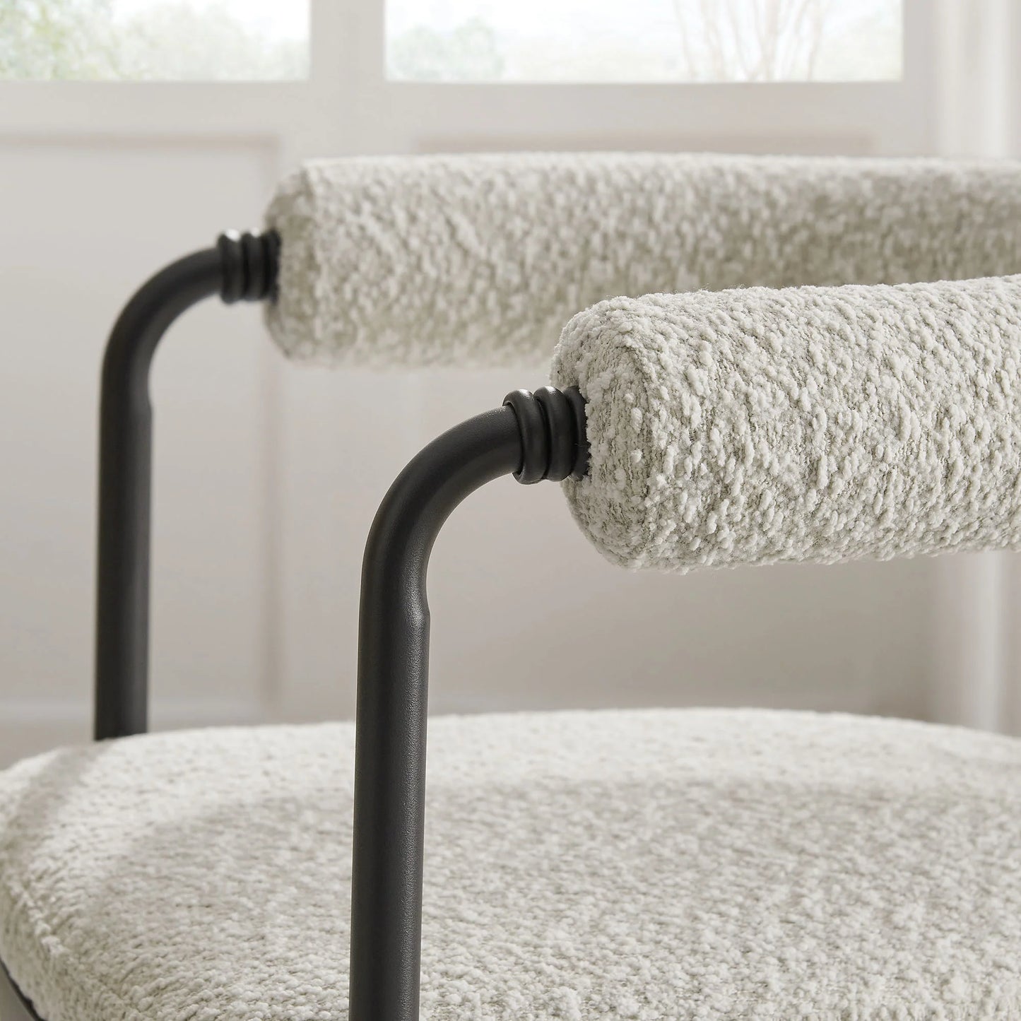 Turin Curved Back Boucle and Metal Dining Accent Chair in Black Pearl