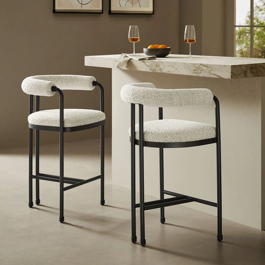 Turin Curved Back Boucle and Metal Counter Stool in Black Pearl