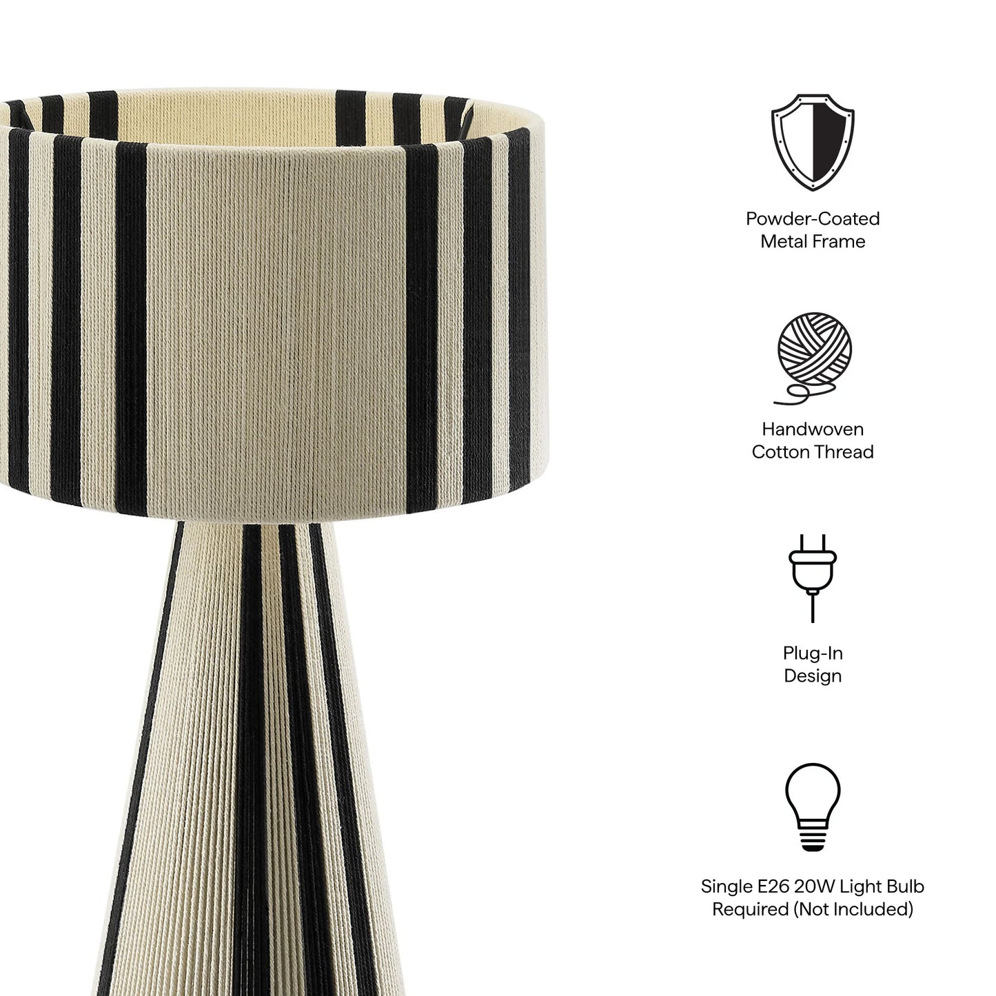 Gia Handwoven Cotton Thread Striped or Plain Table Lamp in Black