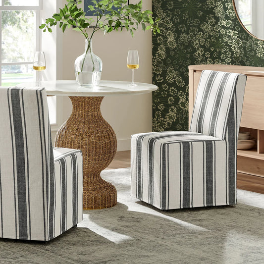 Tessera Striped Slipcovered Dining Side Chair in Tan Stripe