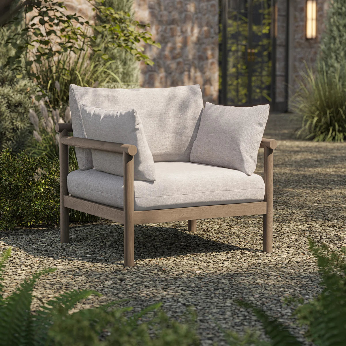 Eleni Outdoor Teak Wood Armchair in Weathered Gray Flint