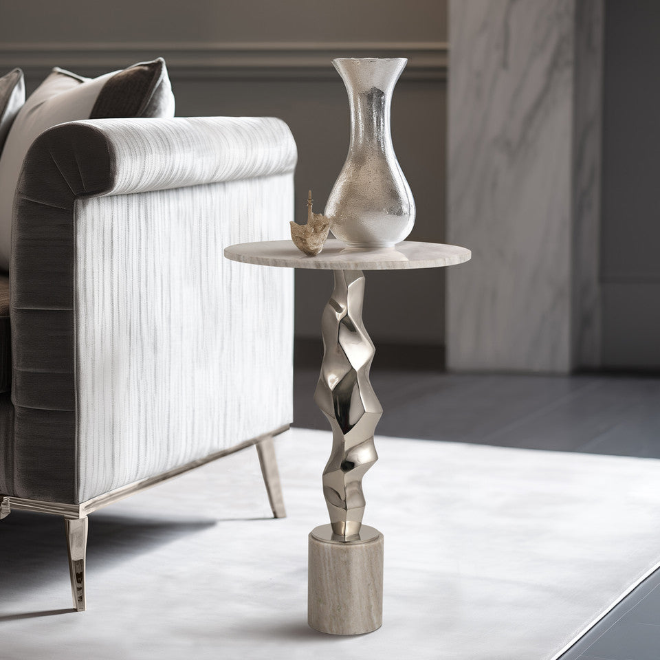 25" Kashon Marble Top Silver Table