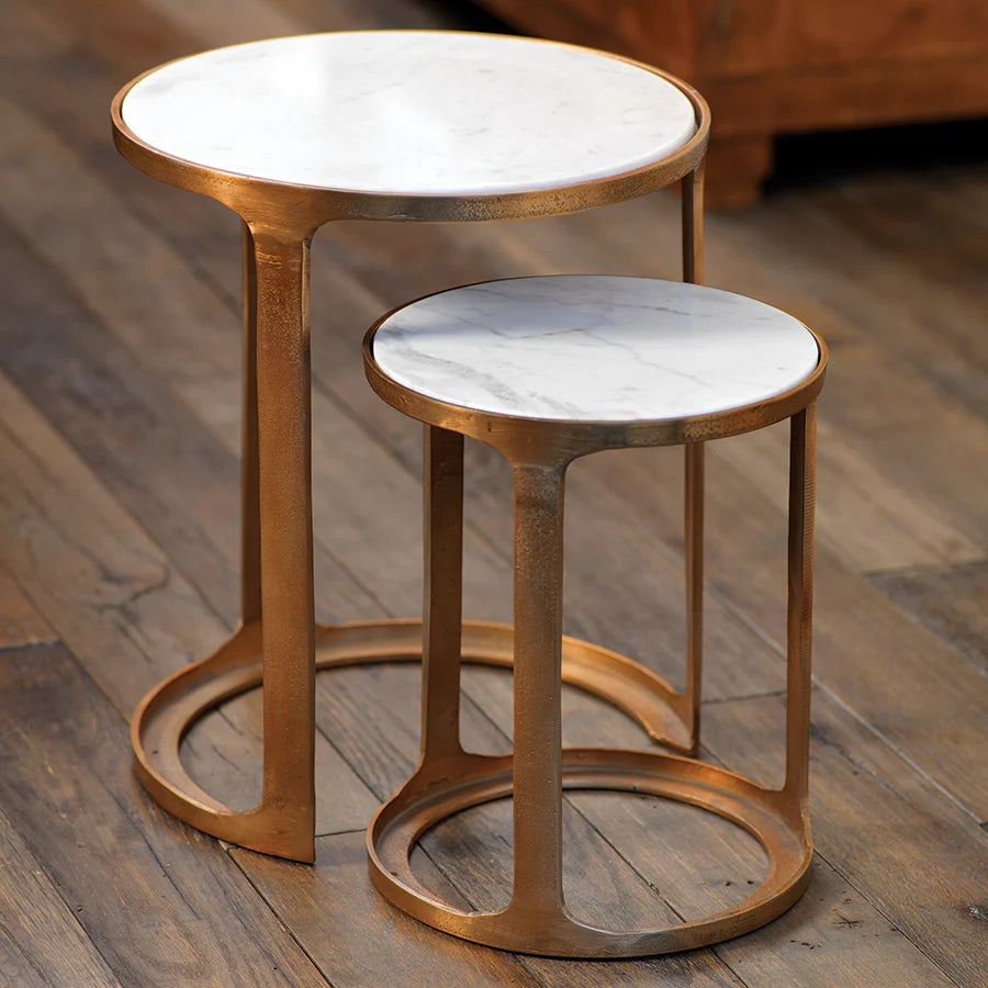 Nikki Round Marble and Raw Aluminum Nesting Tables