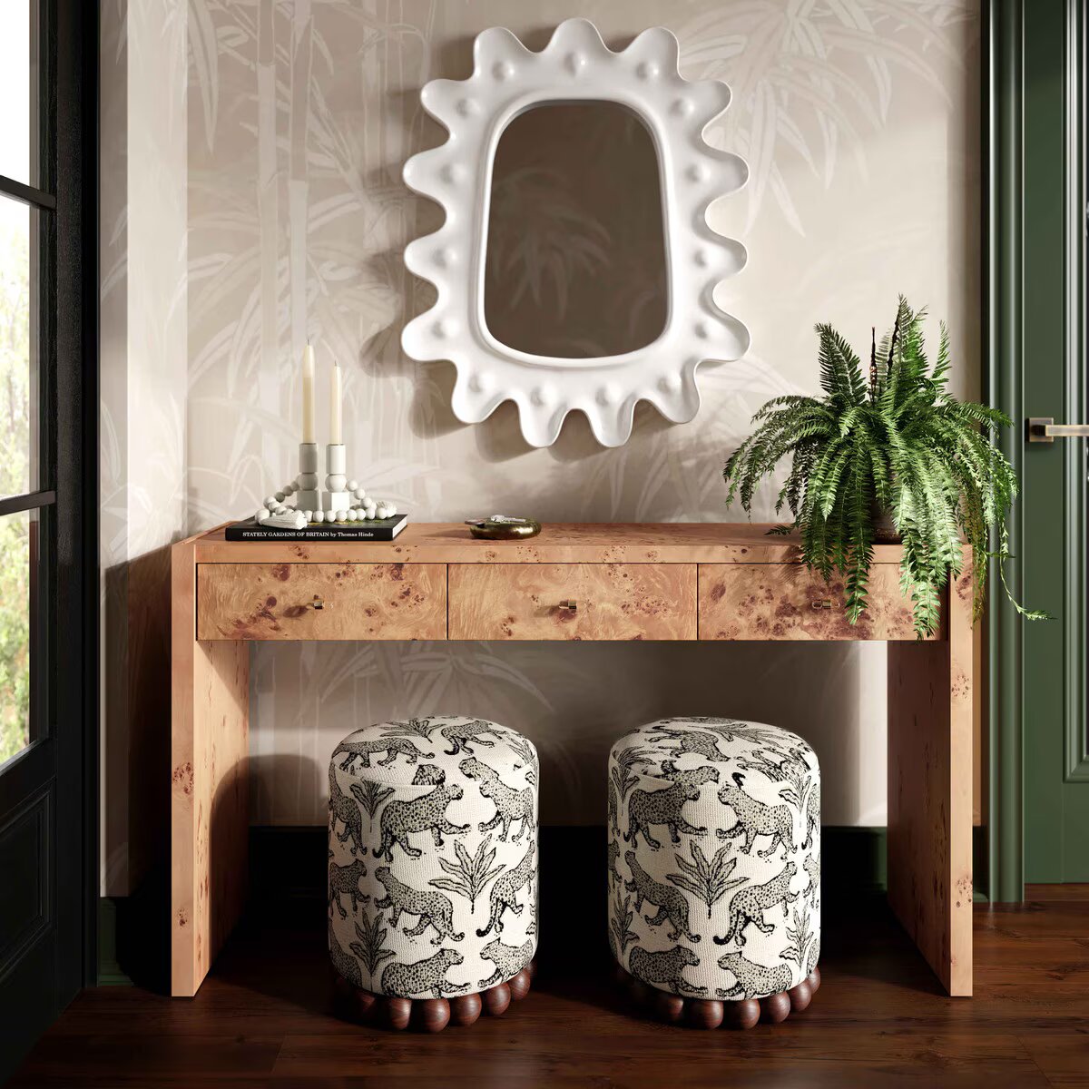 Dex Olive Green Leopard Jacquard Ottoman