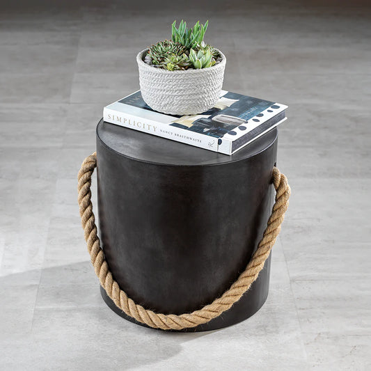 Marina Concrete Stool with Rope Accent - Black