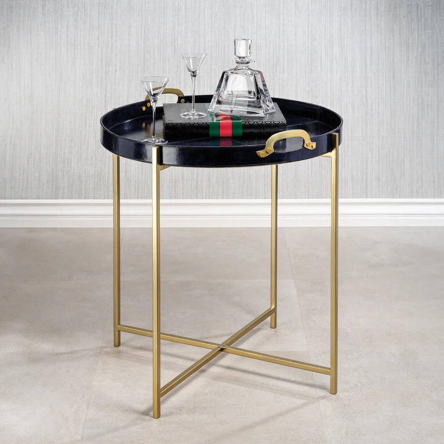 Savoy Leather with Brass Handles Round Tray on Stand - Blue and Gold