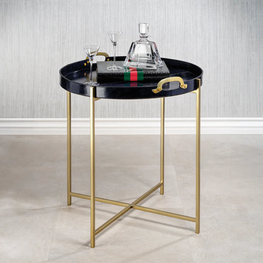 Savoy Leather with Brass Handles Round Tray on Stand - Blue and Gold