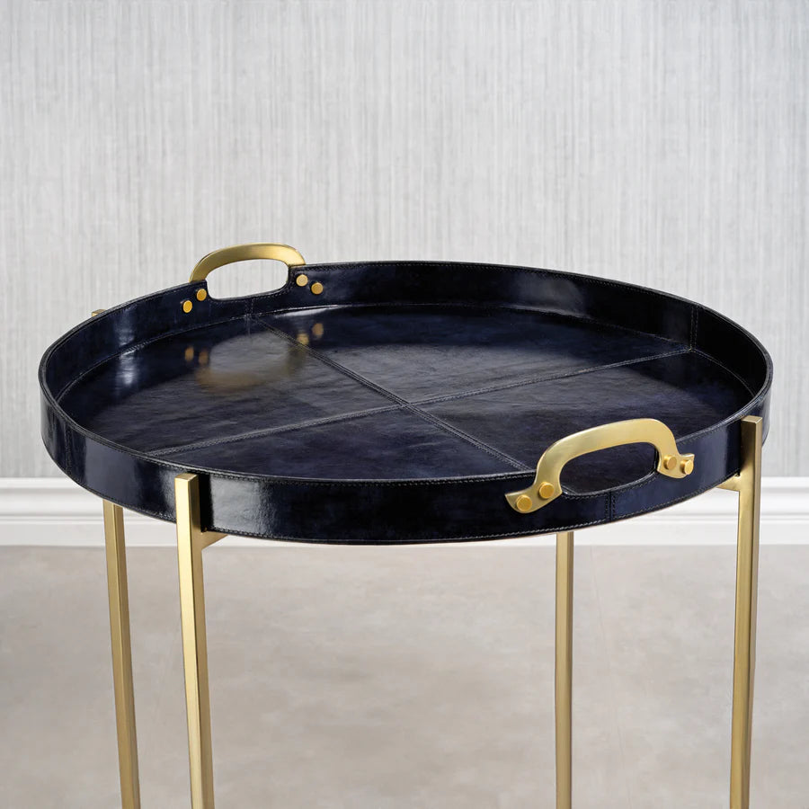 Savoy Leather with Brass Handles Round Tray on Stand - Blue and Gold