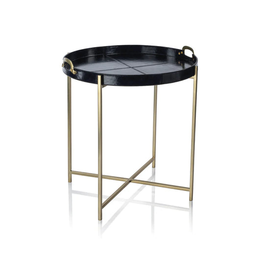 Savoy Leather with Brass Handles Round Tray on Stand - Blue and Gold