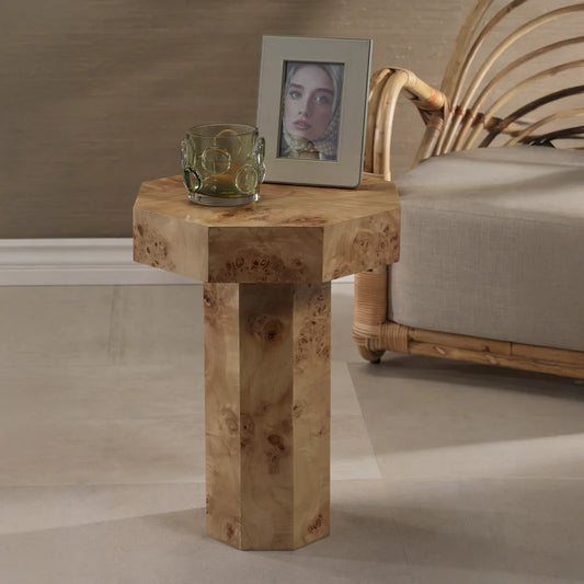 Burl Wood Octagon Side Table - Tall