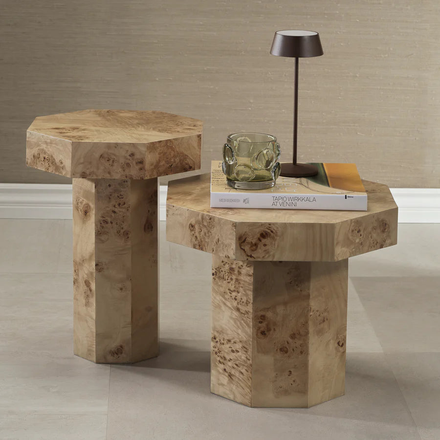 Burl Wood Octagon Side Table - Tall