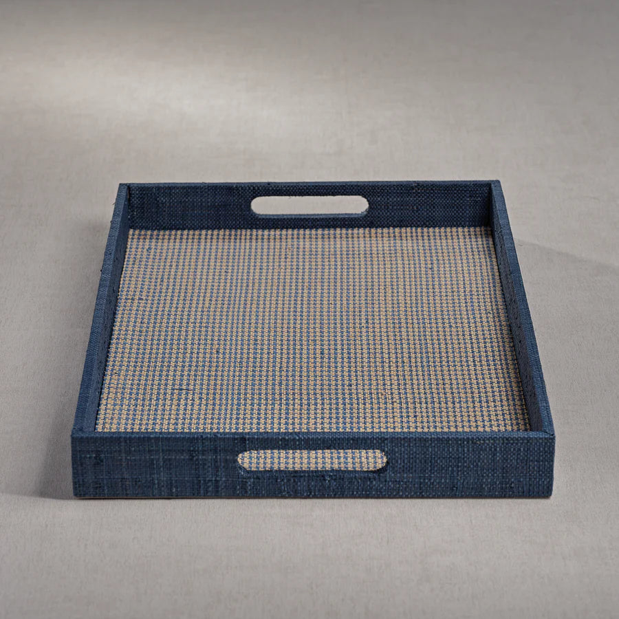 Houndstooth Raffia Tray - Navy Blue