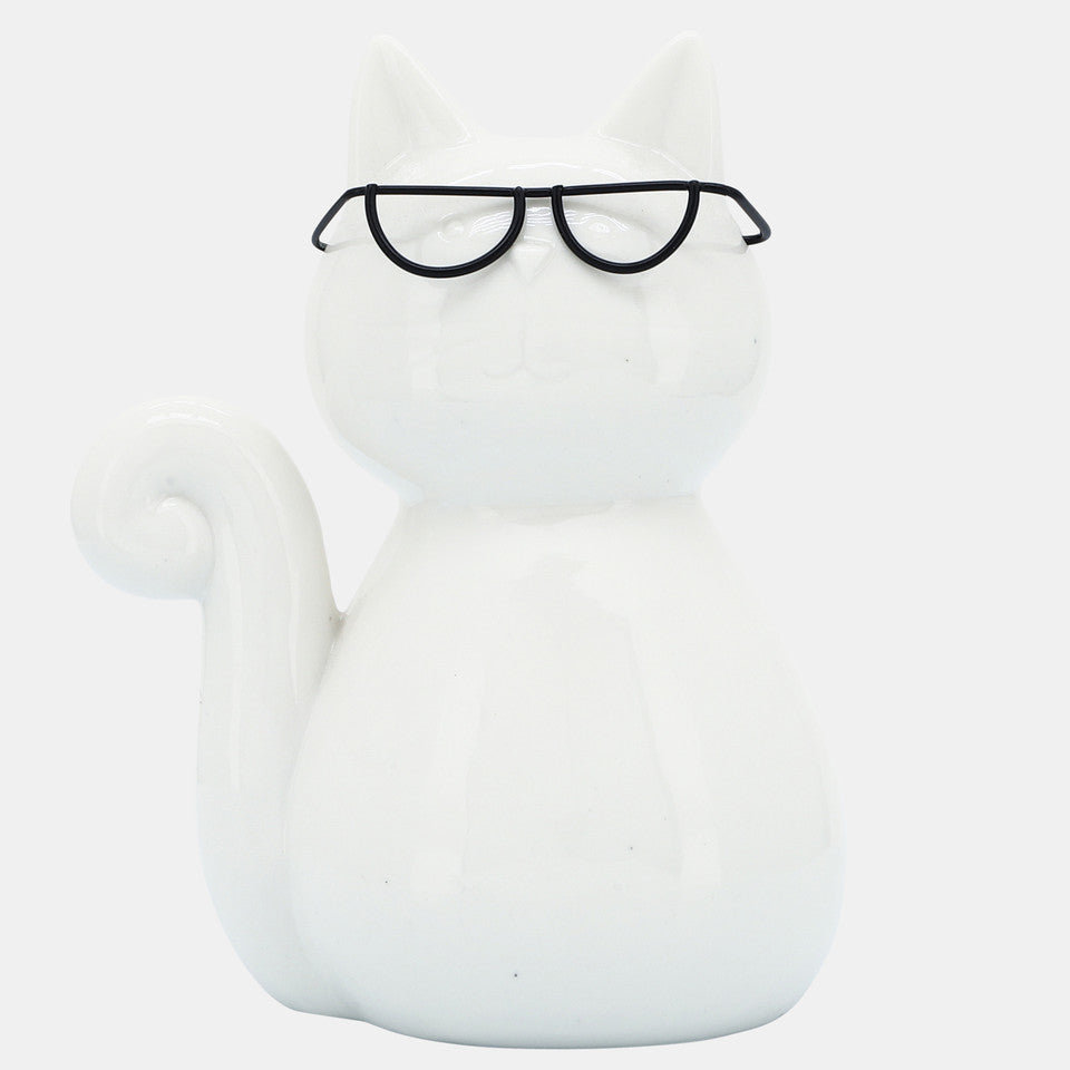 Porcelain, 8"H Cat W/ Glasses, White