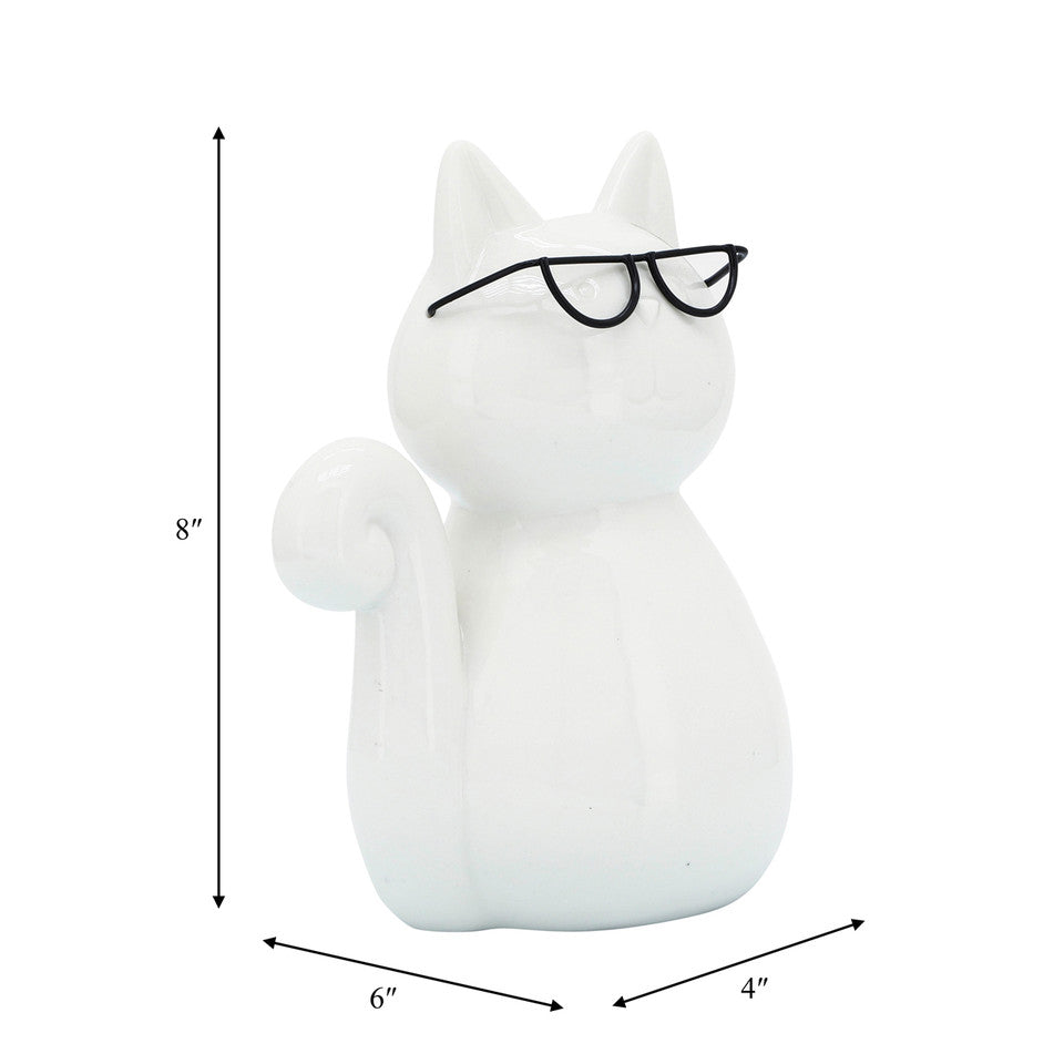 Porcelain, 8"H Cat W/ Glasses, White