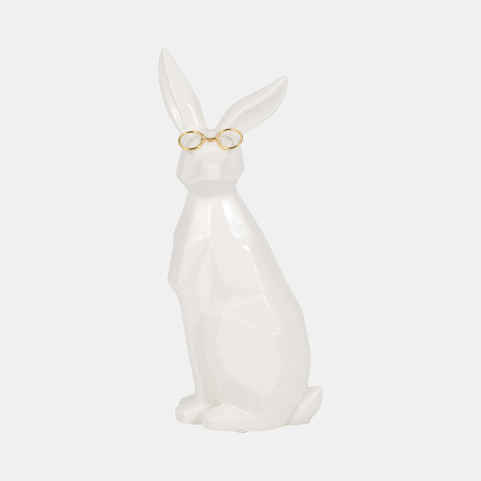 Cer, 11"H Bunny W/ Glasses, White/Gold