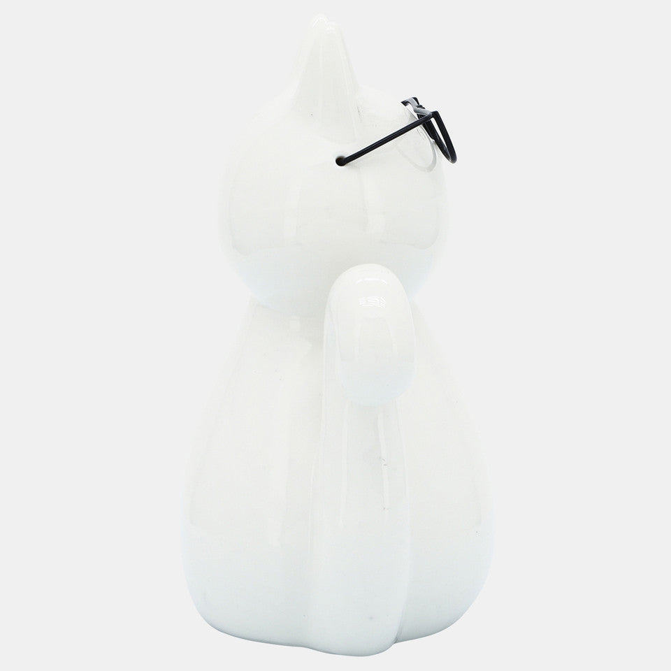 Porcelain, 8"H Cat W/ Glasses, White