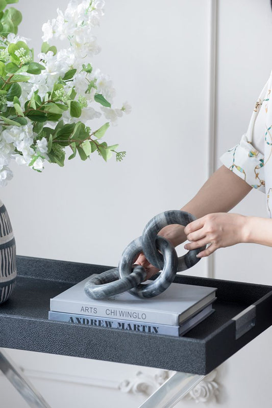 Escultura de cadena de mármol gris natural de 9x4" y 3 eslabones, redonda 6EA/CTN