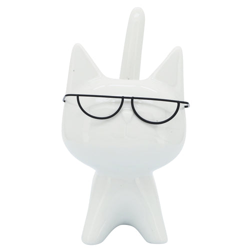 Porcelain, 8"H Kitty W/ Glasses, White