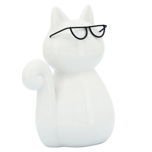 Porcelain, 8"H Cat W/ Glasses, White