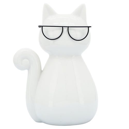 Porcelain, 7"H Cat W/ Glasses, White
