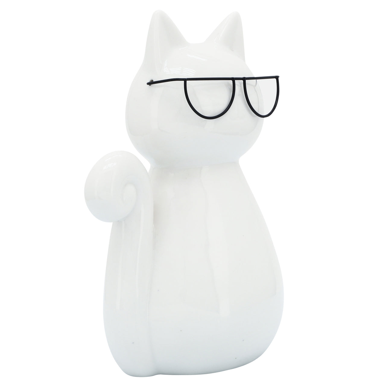 Porcelain, 7"H Cat W/ Glasses, White