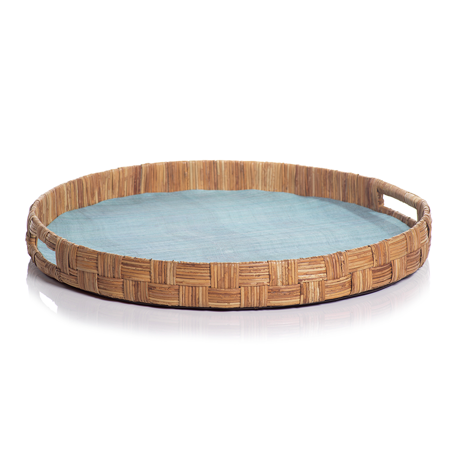 Agrari Abaca Silk Woven Cane Round Tray - Blue