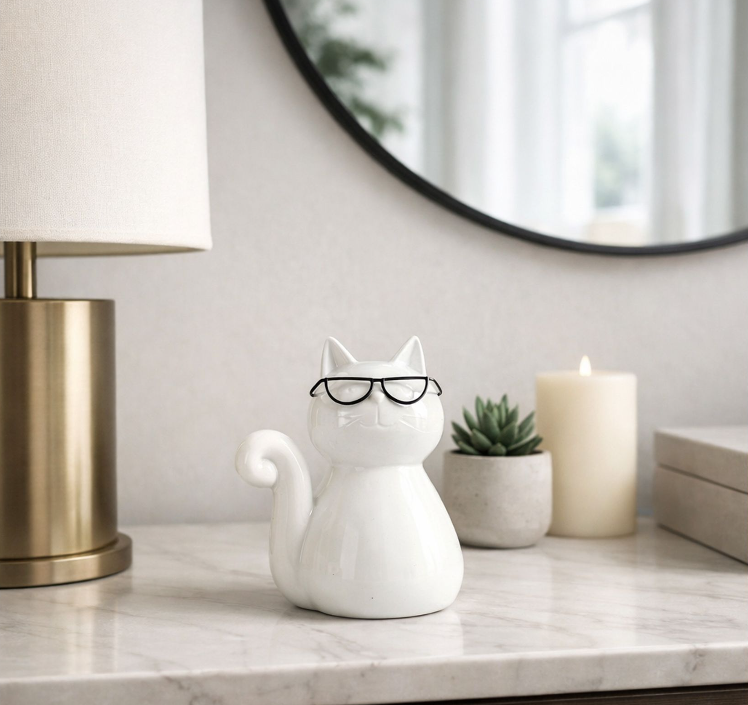 Porcelain, 7"H Cat W/ Glasses, White
