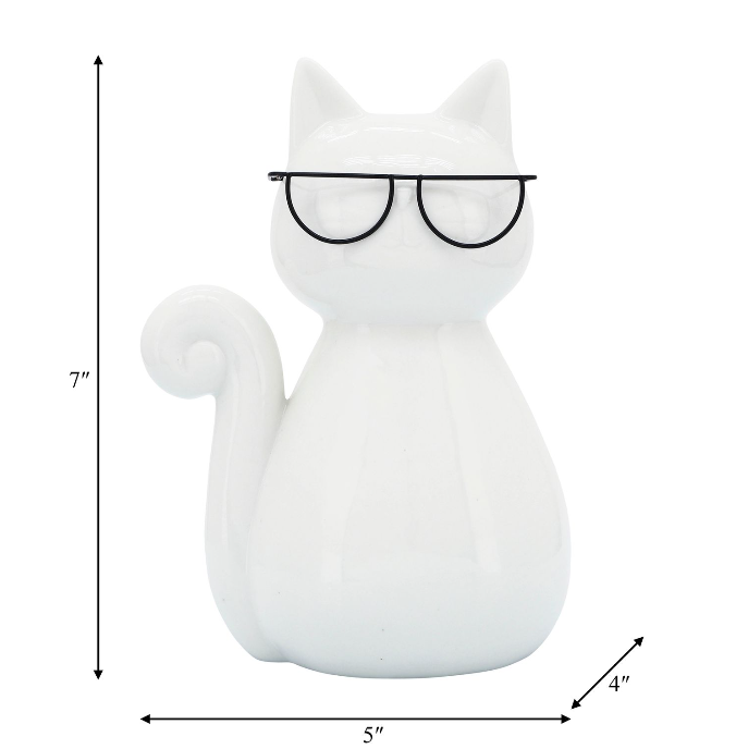 Porcelain, 7"H Cat W/ Glasses, White