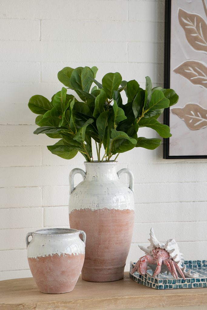 Round Terracotta Vase With Distressed White Tan Finish