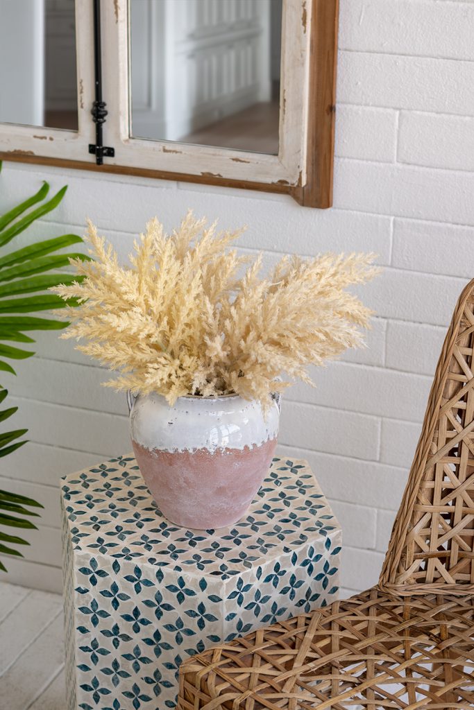 Round Terracotta Vase With Distressed White Tan Finish