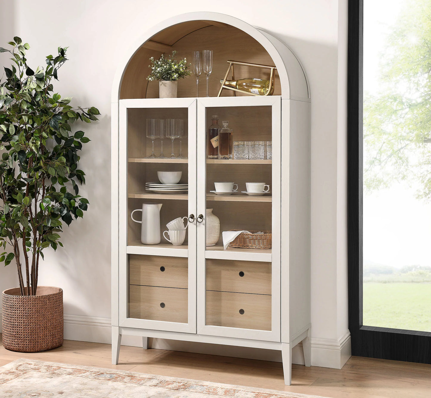 Nolan Tall Arched Storage Display Cabinet in Ivory Oak